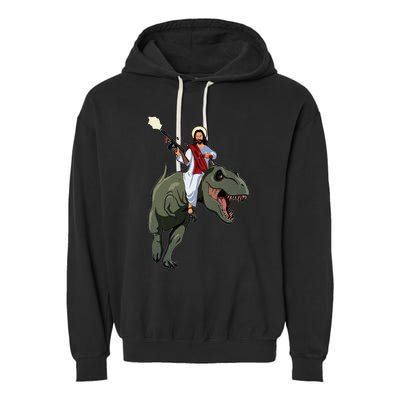 Gun Jesus Riding A Trex Dinosaur Funny Christian Dino Lover Garment-Dyed Fleece Hoodie