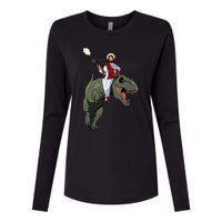 Gun Jesus Riding A Trex Dinosaur Funny Christian Dino Lover Womens Cotton Relaxed Long Sleeve T-Shirt