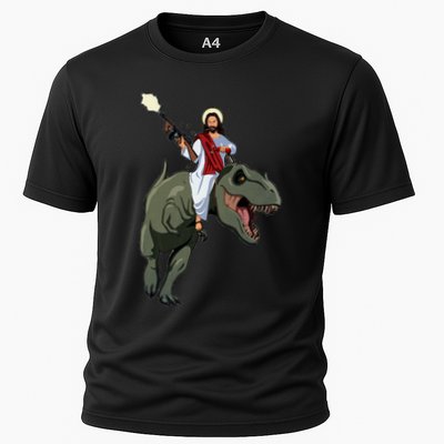 Gun Jesus Riding A Trex Dinosaur Funny Christian Dino Lover Performance Shirt
