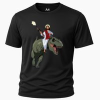 Gun Jesus Riding A Trex Dinosaur Funny Christian Dino Lover Cooling Performance Crew T-Shirt