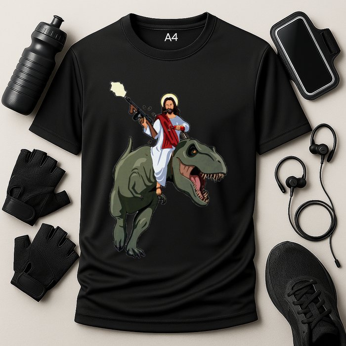 Gun Jesus Riding A Trex Dinosaur Funny Christian Dino Lover Cooling Performance Crew T-Shirt