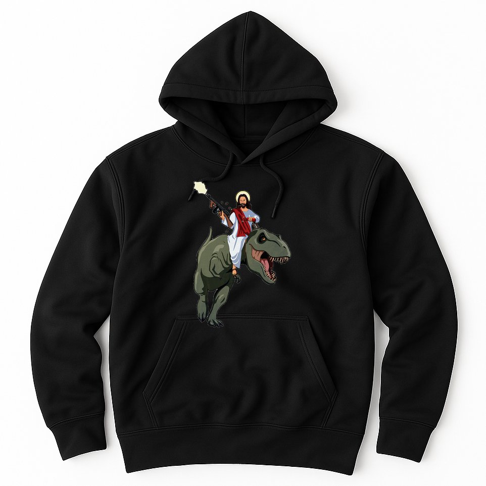 Gun Jesus Riding A Trex Dinosaur Funny Christian Dino Lover Hoodie