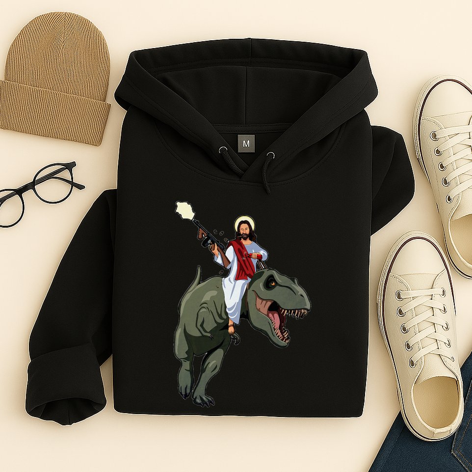 Gun Jesus Riding A Trex Dinosaur Funny Christian Dino Lover Hoodie