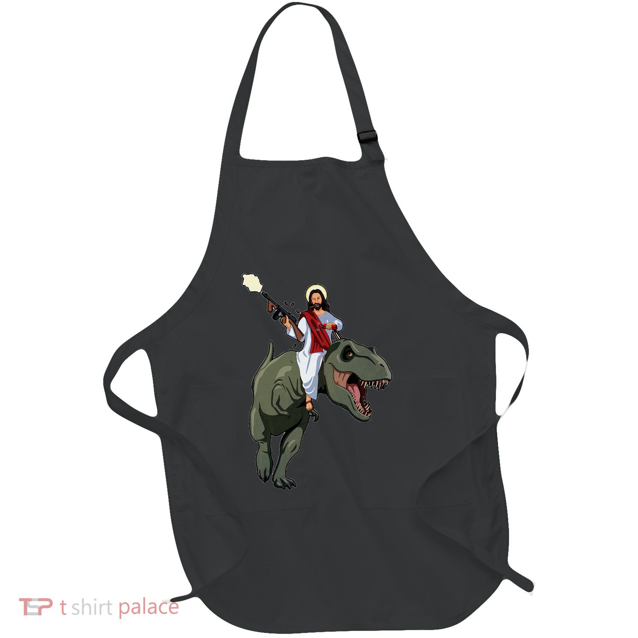 Gun Jesus Riding A Trex Dinosaur Funny Christian Dino Lover Full-Length Apron With Pockets