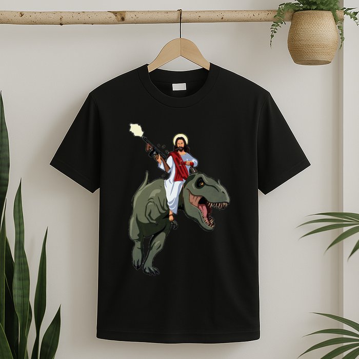 Gun Jesus Riding A Trex Dinosaur Funny Christian Dino Lover T-Shirt