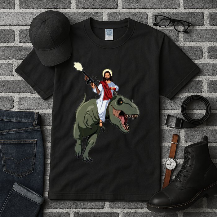 Gun Jesus Riding A Trex Dinosaur Funny Christian Dino Lover Tall T-Shirt