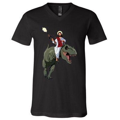 Gun Jesus Riding A Trex Dinosaur Funny Christian Dino Lover V-Neck T-Shirt