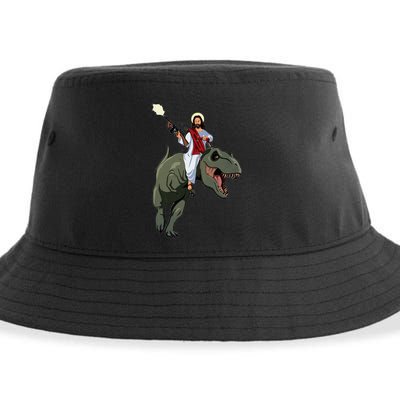 Gun Jesus Riding A Trex Dinosaur Funny Christian Dino Lover Sustainable Bucket Hat