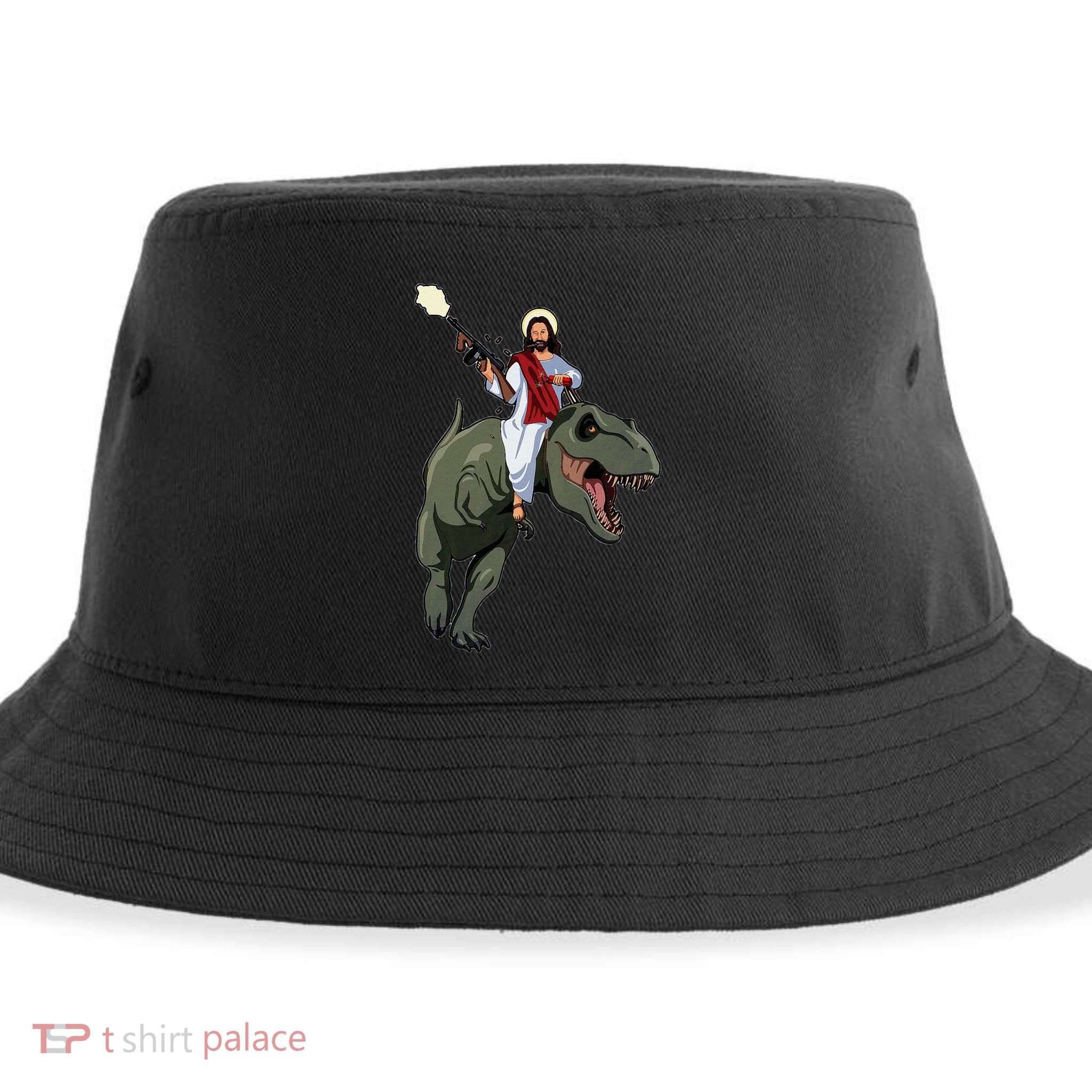 Gun Jesus Riding A Trex Dinosaur Funny Christian Dino Lover Sustainable Bucket Hat