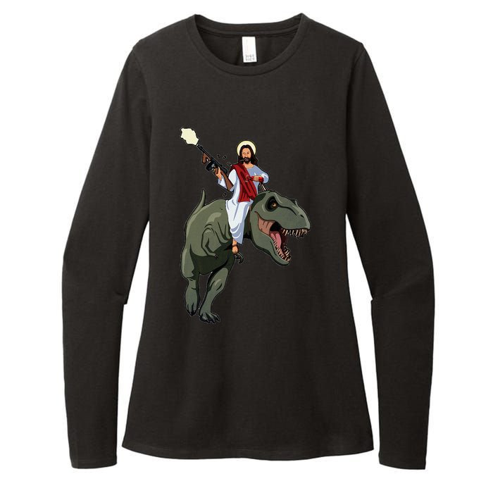 Gun Jesus Riding A Trex Dinosaur Funny Christian Dino Lover Womens CVC Long Sleeve Shirt