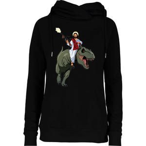 Gun Jesus Riding A Trex Dinosaur Funny Christian Dino Lover Womens Funnel Neck Pullover Hood