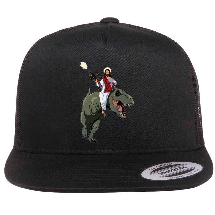 Gun Jesus Riding A Trex Dinosaur Funny Christian Dino Lover Flat Bill Trucker Hat