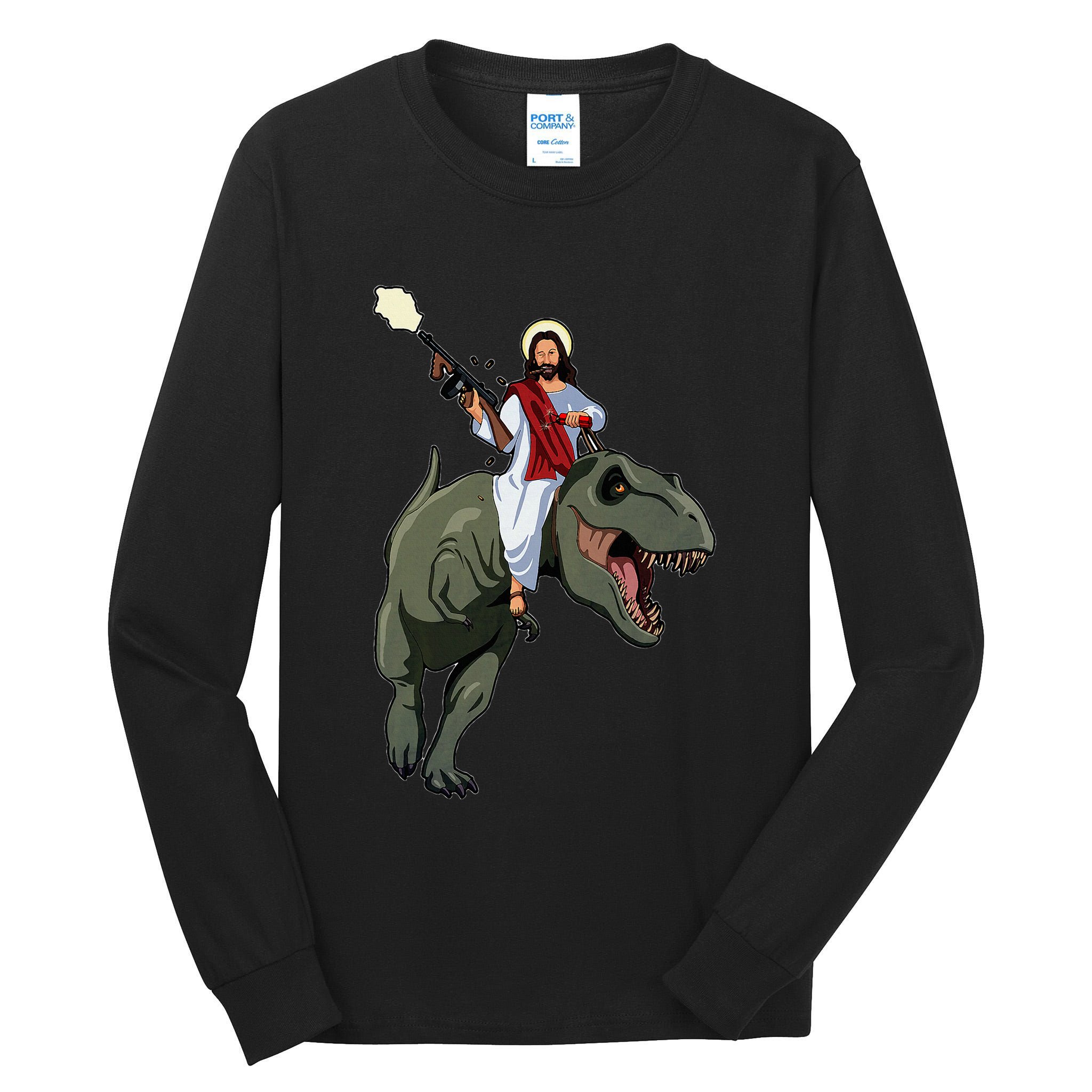Gun Jesus Riding A Trex Dinosaur Funny Christian Dino Lover Tall Long Sleeve T-Shirt