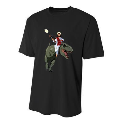 Gun Jesus Riding A Trex Dinosaur Funny Christian Dino Lover Youth Performance Sprint T-Shirt