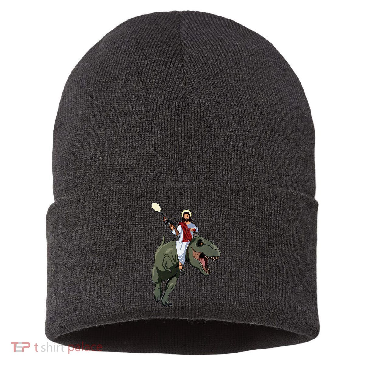 Gun Jesus Riding A Trex Dinosaur Funny Christian Dino Lover Sustainable Knit Beanie