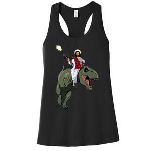 Gun Jesus Riding A Trex Dinosaur Funny Christian Dino Lover Women's Racerback Tank