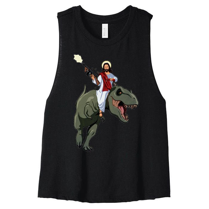 Gun Jesus Riding A Trex Dinosaur Funny Christian Dino Lover Women's Racerback Cropped Tank