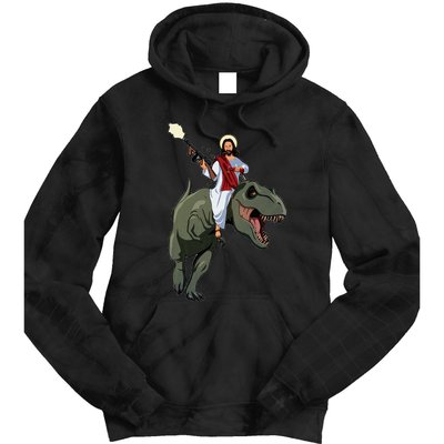 Gun Jesus Riding A Trex Dinosaur Funny Christian Dino Lover Tie Dye Hoodie