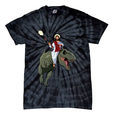 Gun Jesus Riding A Trex Dinosaur Funny Christian Dino Lover Tie-Dye T-Shirt