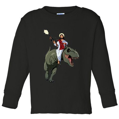 Gun Jesus Riding A Trex Dinosaur Funny Christian Dino Lover Toddler Long Sleeve Shirt