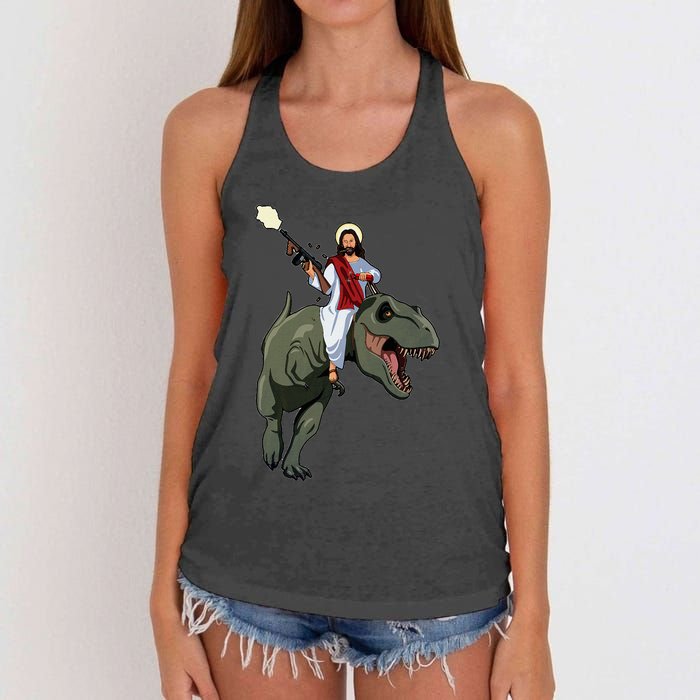 Gun Jesus Riding A Trex Dinosaur Funny Christian Dino Lover Women's Knotted Racerback Tank