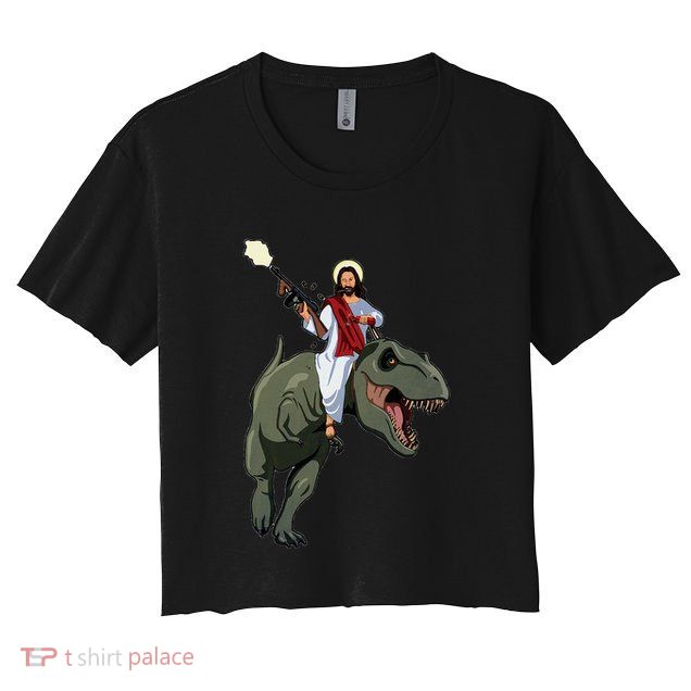 Gun Jesus Riding A Trex Dinosaur Funny Christian Dino Lover Crop Top