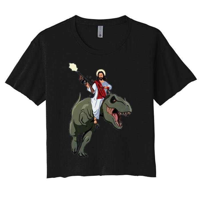 Gun Jesus Riding A Trex Dinosaur Funny Christian Dino Lover Women's Crop Top Tee