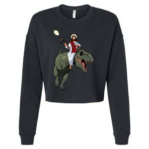 Gun Jesus Riding A Trex Dinosaur Funny Christian Dino Lover Cropped Pullover Crew