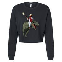 Gun Jesus Riding A Trex Dinosaur Funny Christian Dino Lover Cropped Pullover Crew