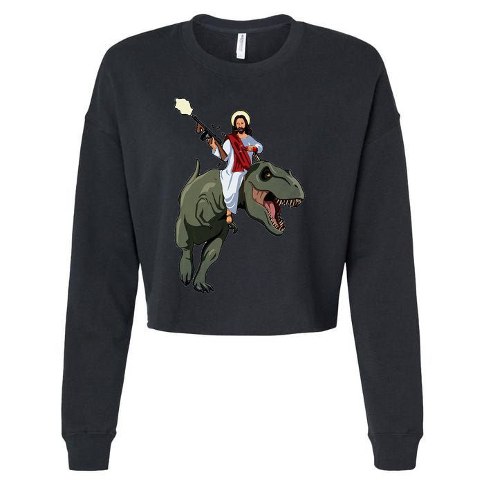 Gun Jesus Riding A Trex Dinosaur Funny Christian Dino Lover Cropped Pullover Crew