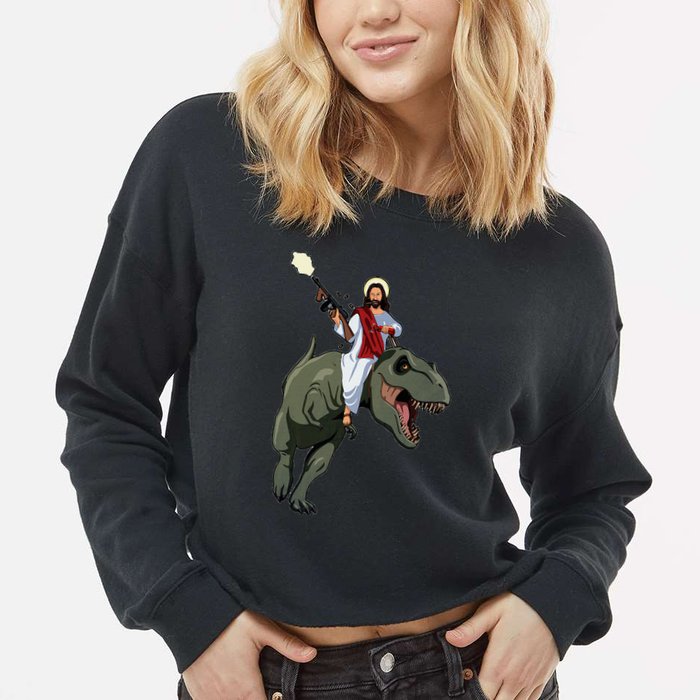 Gun Jesus Riding A Trex Dinosaur Funny Christian Dino Lover Cropped Pullover Crew