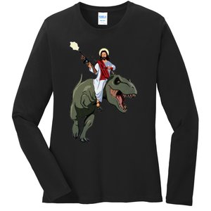 Gun Jesus Riding A Trex Dinosaur Funny Christian Dino Lover Ladies Long Sleeve Shirt