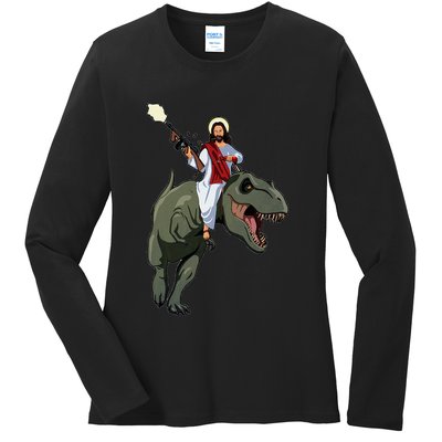 Gun Jesus Riding A Trex Dinosaur Funny Christian Dino Lover Ladies Long Sleeve Shirt