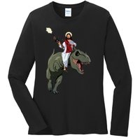 Gun Jesus Riding A Trex Dinosaur Funny Christian Dino Lover Ladies Long Sleeve Shirt