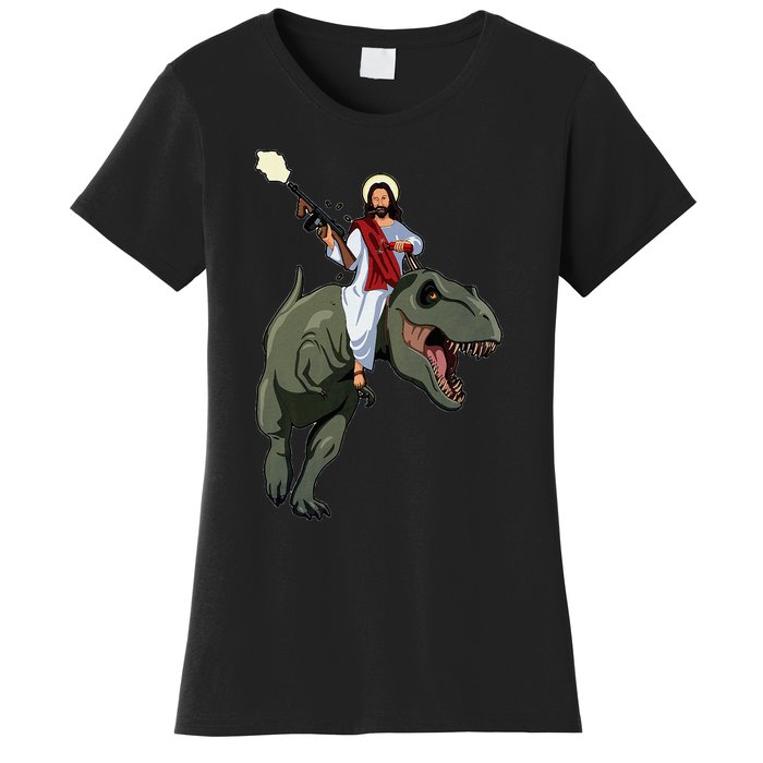 Gun Jesus Riding A Trex Dinosaur Funny Christian Dino Lover Women's T-Shirt