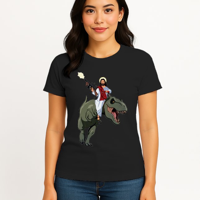 Gun Jesus Riding A Trex Dinosaur Funny Christian Dino Lover Womens T-Shirt