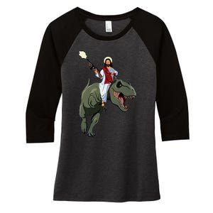 Gun Jesus Riding A Trex Dinosaur Funny Christian Dino Lover Women's Tri-Blend 3/4-Sleeve Raglan Shirt