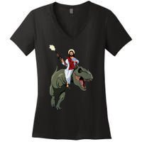 Gun Jesus Riding A Trex Dinosaur Funny Christian Dino Lover Women's V-Neck T-Shirt