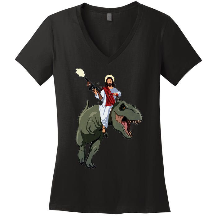 Gun Jesus Riding A Trex Dinosaur Funny Christian Dino Lover Women's V-Neck T-Shirt