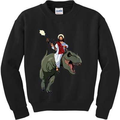 Gun Jesus Riding A Trex Dinosaur Funny Christian Dino Lover Kids Sweatshirt