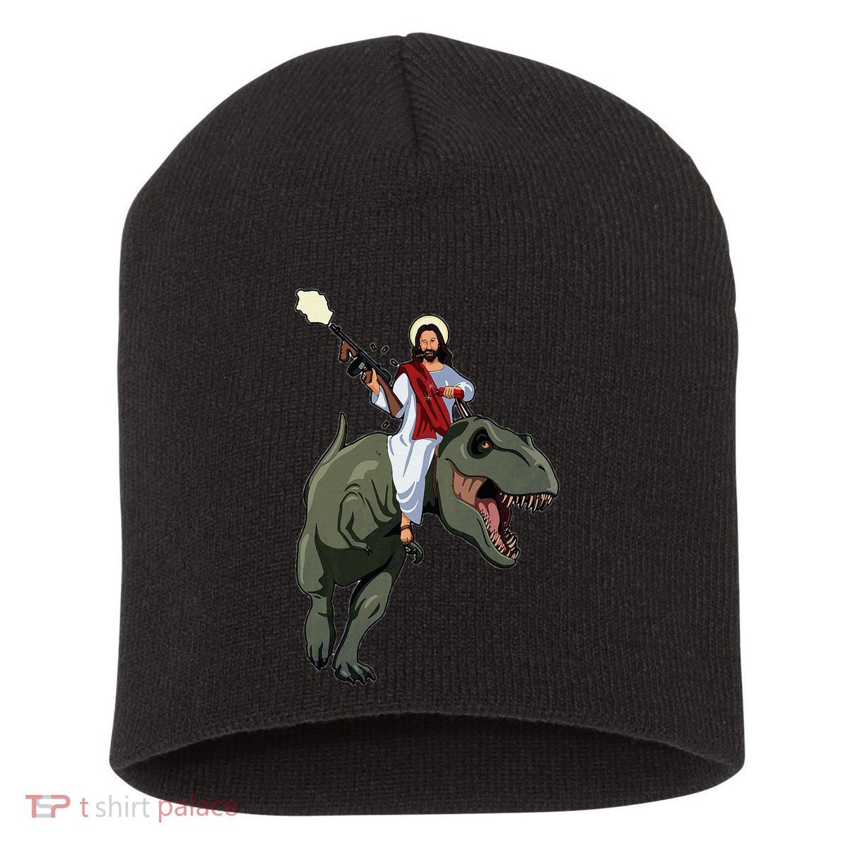Gun Jesus Riding A Trex Dinosaur Funny Christian Dino Lover Short Acrylic Beanie