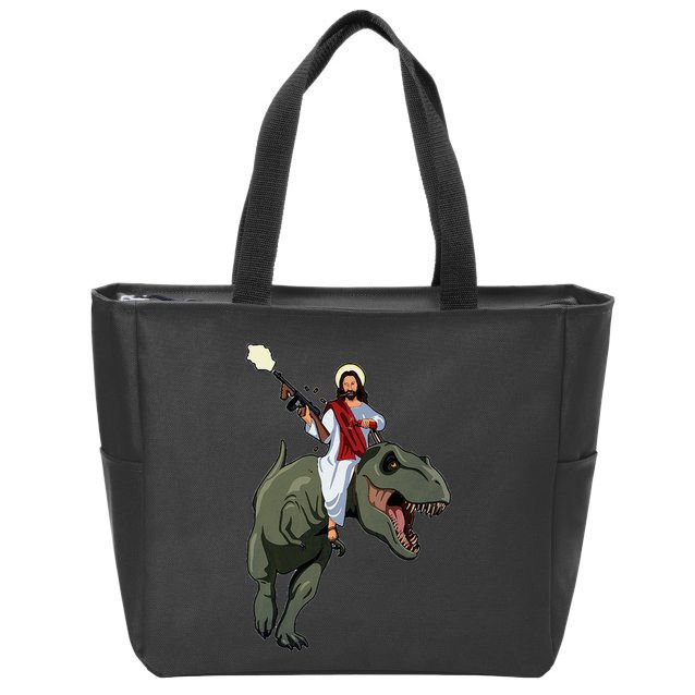 Gun Jesus Riding A Trex Dinosaur Funny Christian Dino Lover Zip Tote Bag