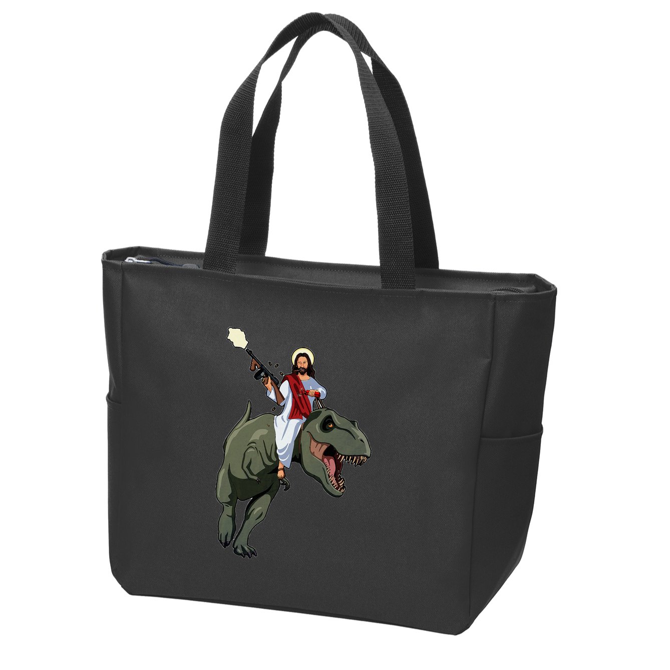 Gun Jesus Riding A Trex Dinosaur Funny Christian Dino Lover Zip Tote Bag