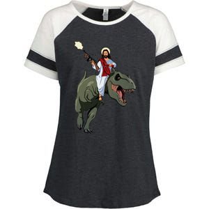 Gun Jesus Riding A Trex Dinosaur Funny Christian Dino Lover Enza Ladies Jersey Colorblock Tee