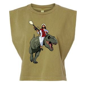 Gun Jesus Riding A Trex Dinosaur Funny Christian Dino Lover Garment-Dyed Women's Muscle Tee