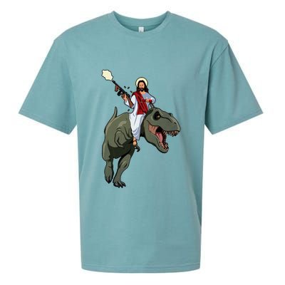 Gun Jesus Riding A Trex Dinosaur Funny Christian Dino Lover Sueded Cloud Jersey T-Shirt