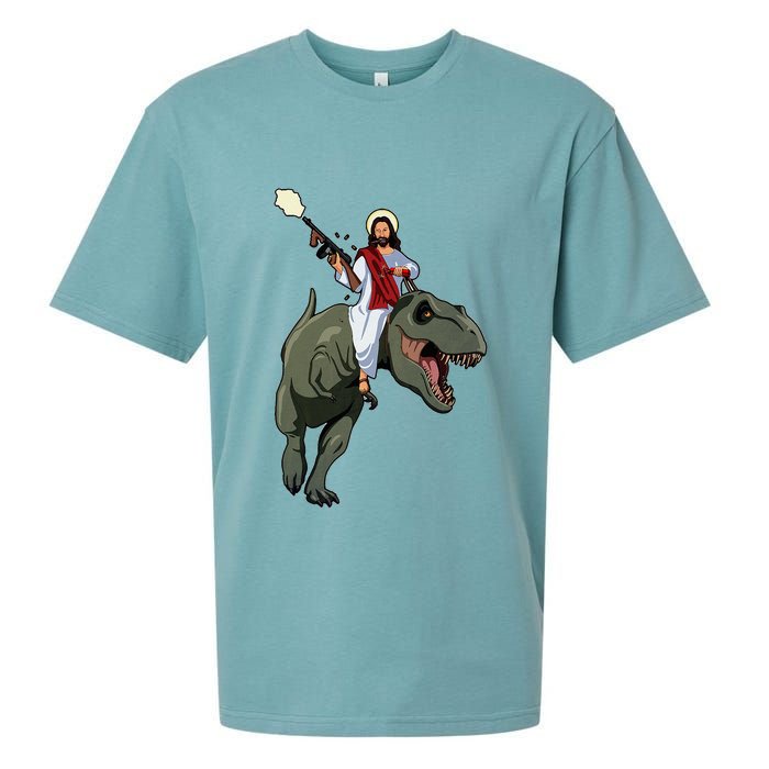 Gun Jesus Riding A Trex Dinosaur Funny Christian Dino Lover Sueded Cloud Jersey T-Shirt
