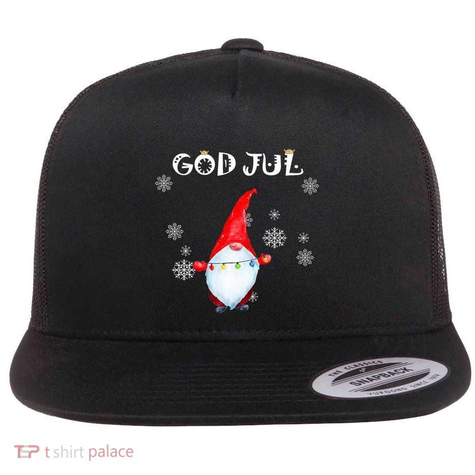 God Jul Scandinavian Swedish Merry Christmas Gnome Flat Bill Trucker Hat