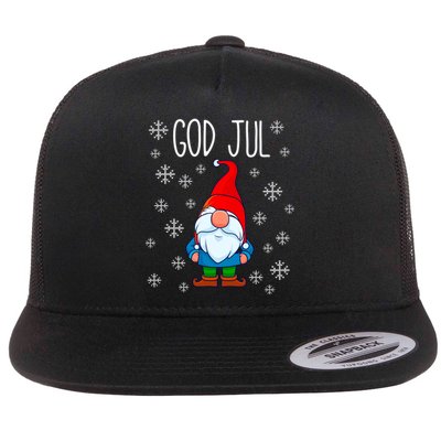 God Jul Swedish Tomte Gnome Scandinavian Merry Christmas Flat Bill Trucker Hat