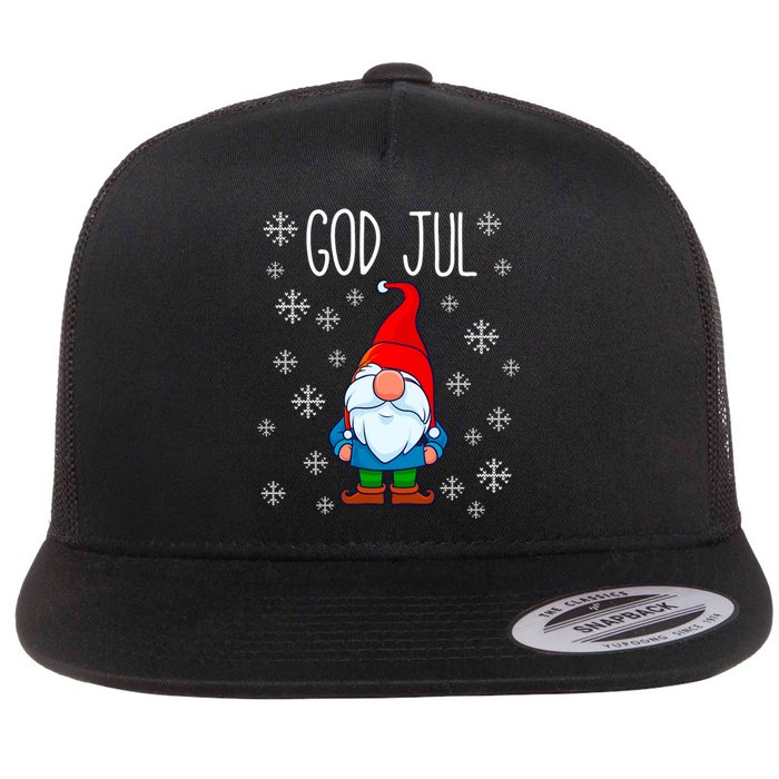 God Jul Swedish Tomte Gnome Scandinavian Merry Christmas Flat Bill Trucker Hat